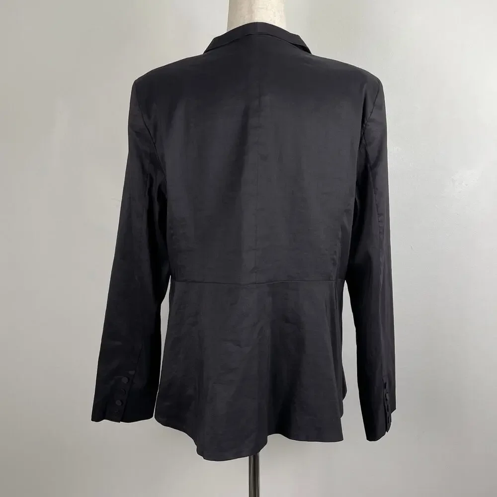 Eileen Fisher Polished Ramie Silk Stretch Jacket Blazer Zip Front Fitted Black L